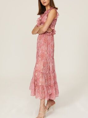 Misa Los Angeles Pink Paisley Ruffle Tiered Midi Dress